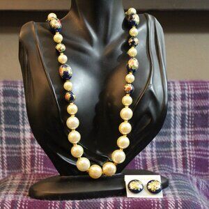 Vintage Faux Pearl and Cloisonne Beaded Necklace and Earring Set